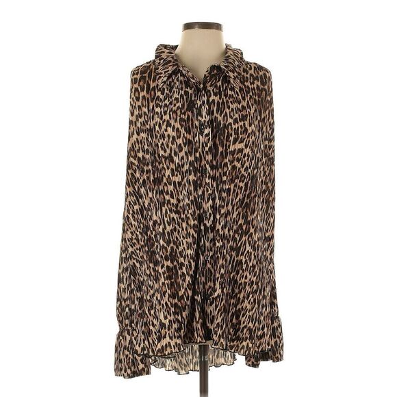 Good American Georgette Cheetah Print Long Sleeve Pleated Blouse, Size 5/6 XXXL - Picture 1 of 6
